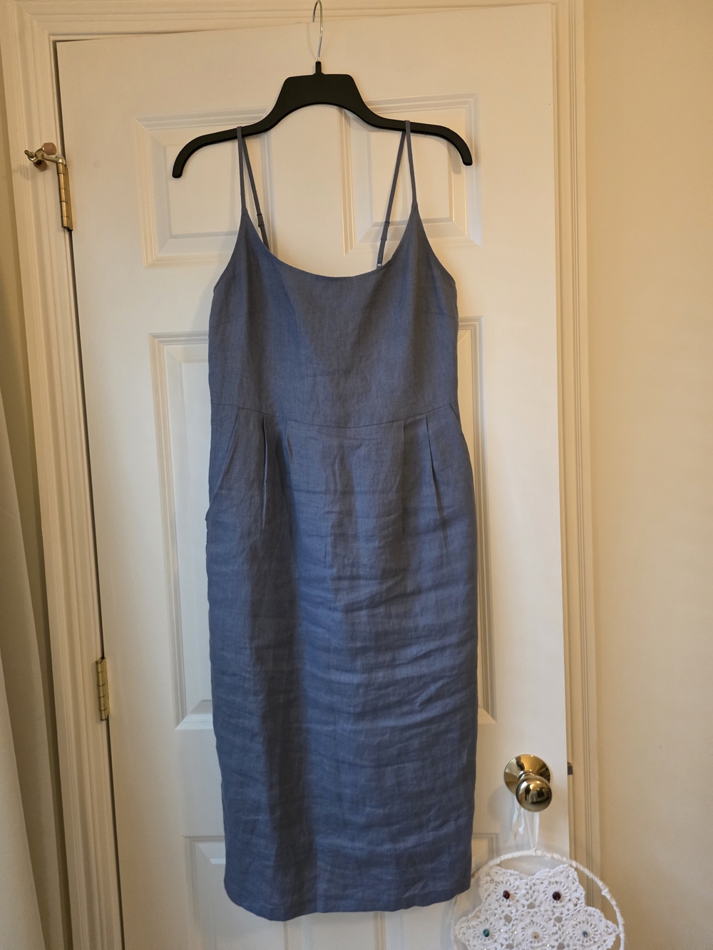 Quince SMALL Slate Blue Linen Midi Dress with Spaghetti Straps
